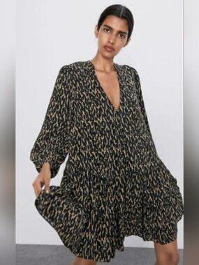 Zara SZ S Animal Print Deep Sexy V Neck Flounce Hem Mini Shift Dress 3/4 Sleeve